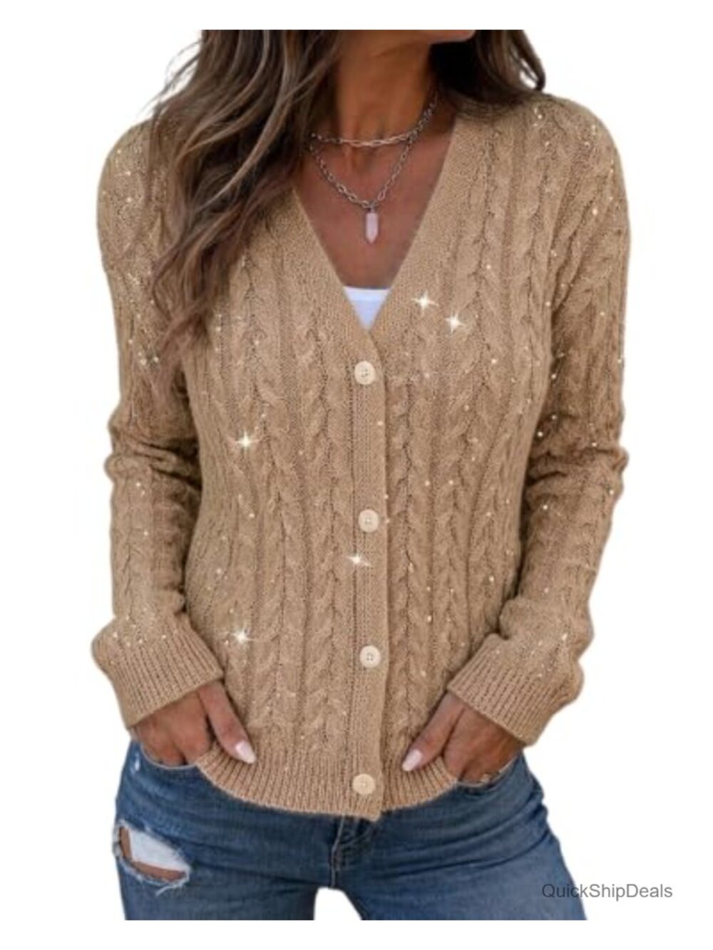 Rhinestone Cable Knit V Neck Button Down Cardigan Sweater Long Sleeve